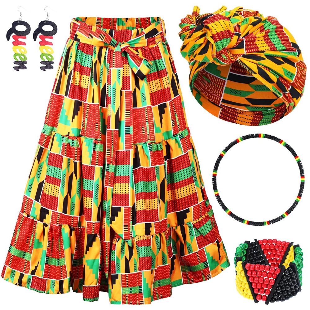 6571 5 Pcs African Skirt Traditional Costume Africa Jewelry Set Head Wrap